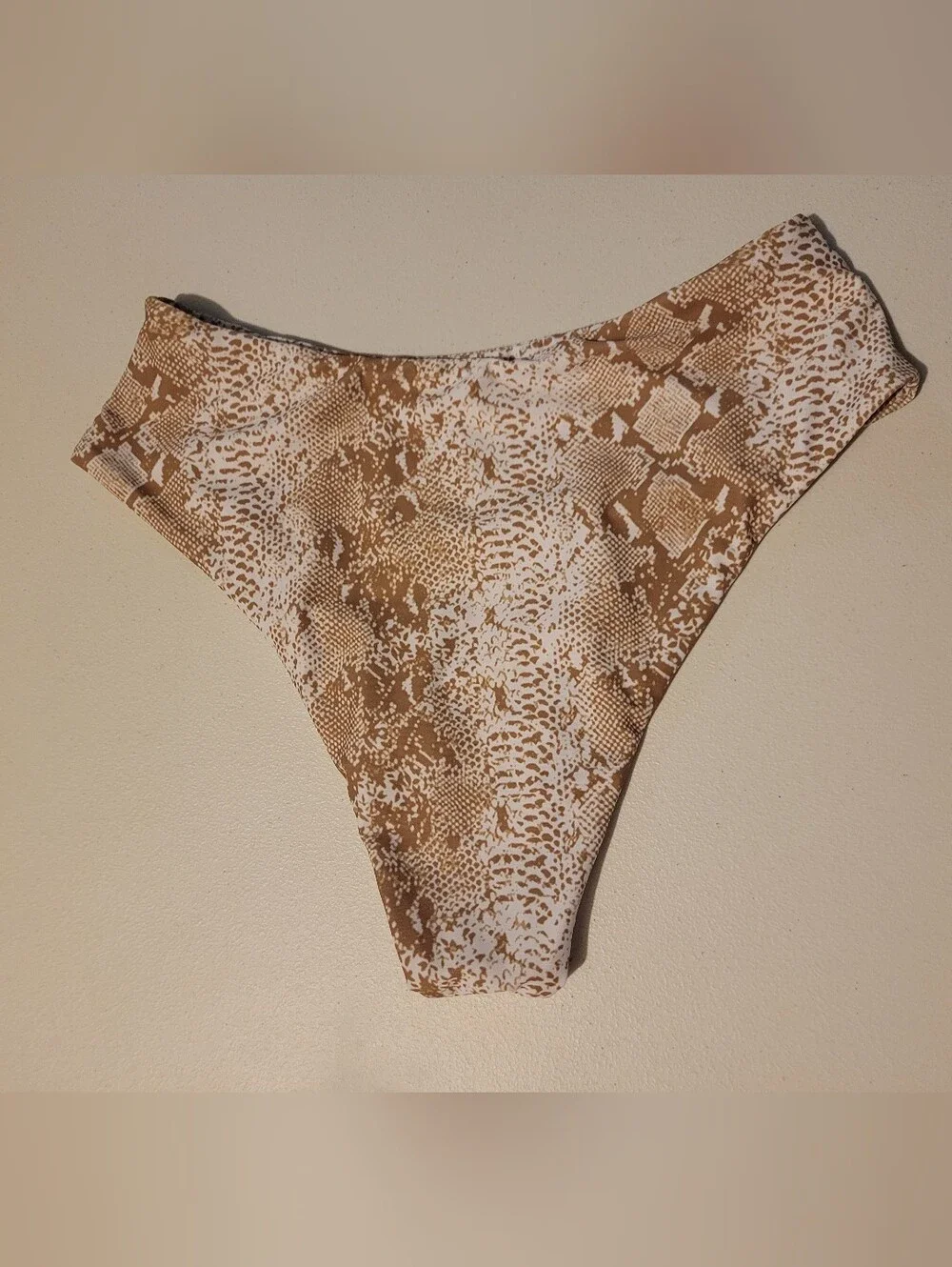 High-Waist Women’s Swim Bottom in Tan And White Snake Print,  L